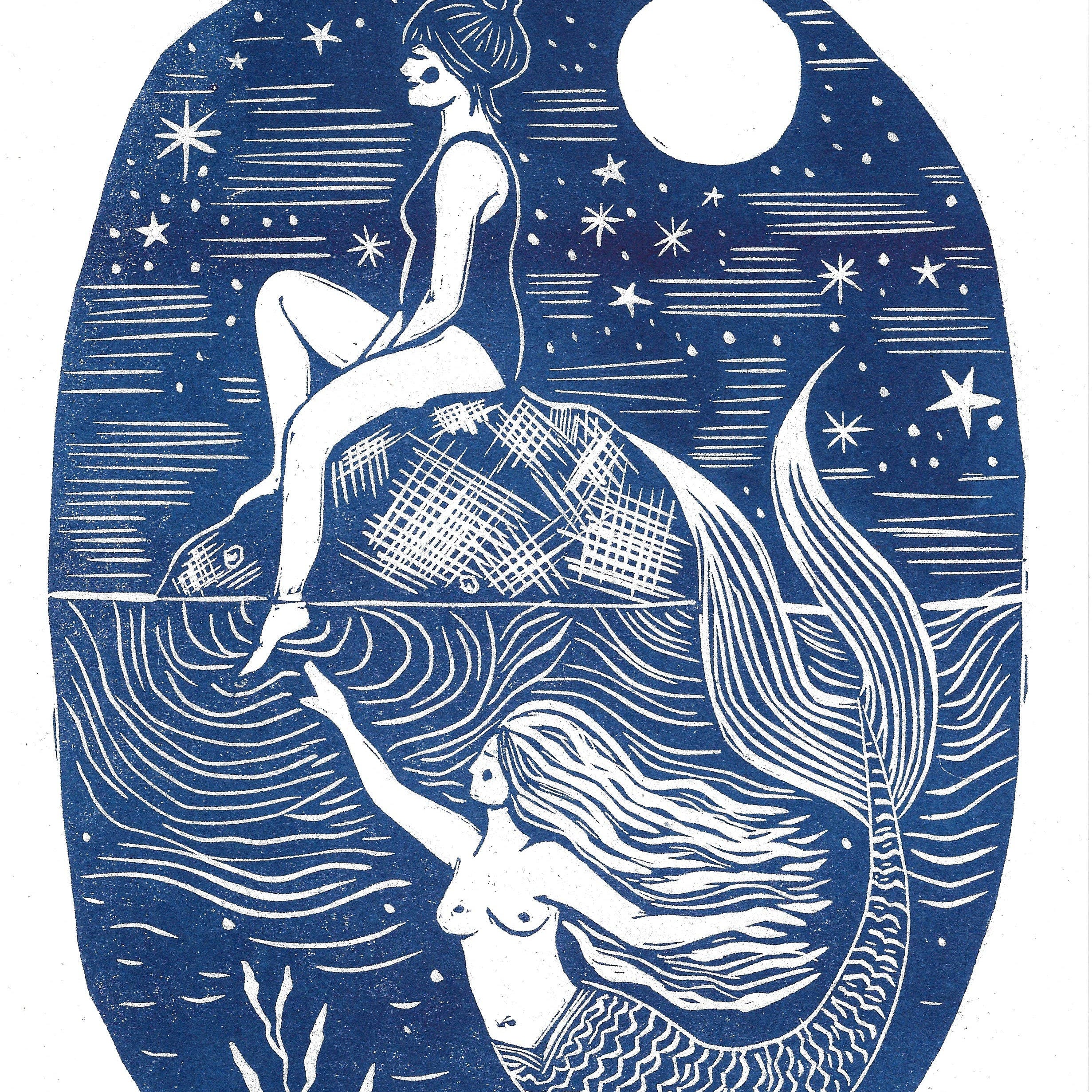 Artistic depiction of a mermaid and a woman sitting on a wave with celestial elements.