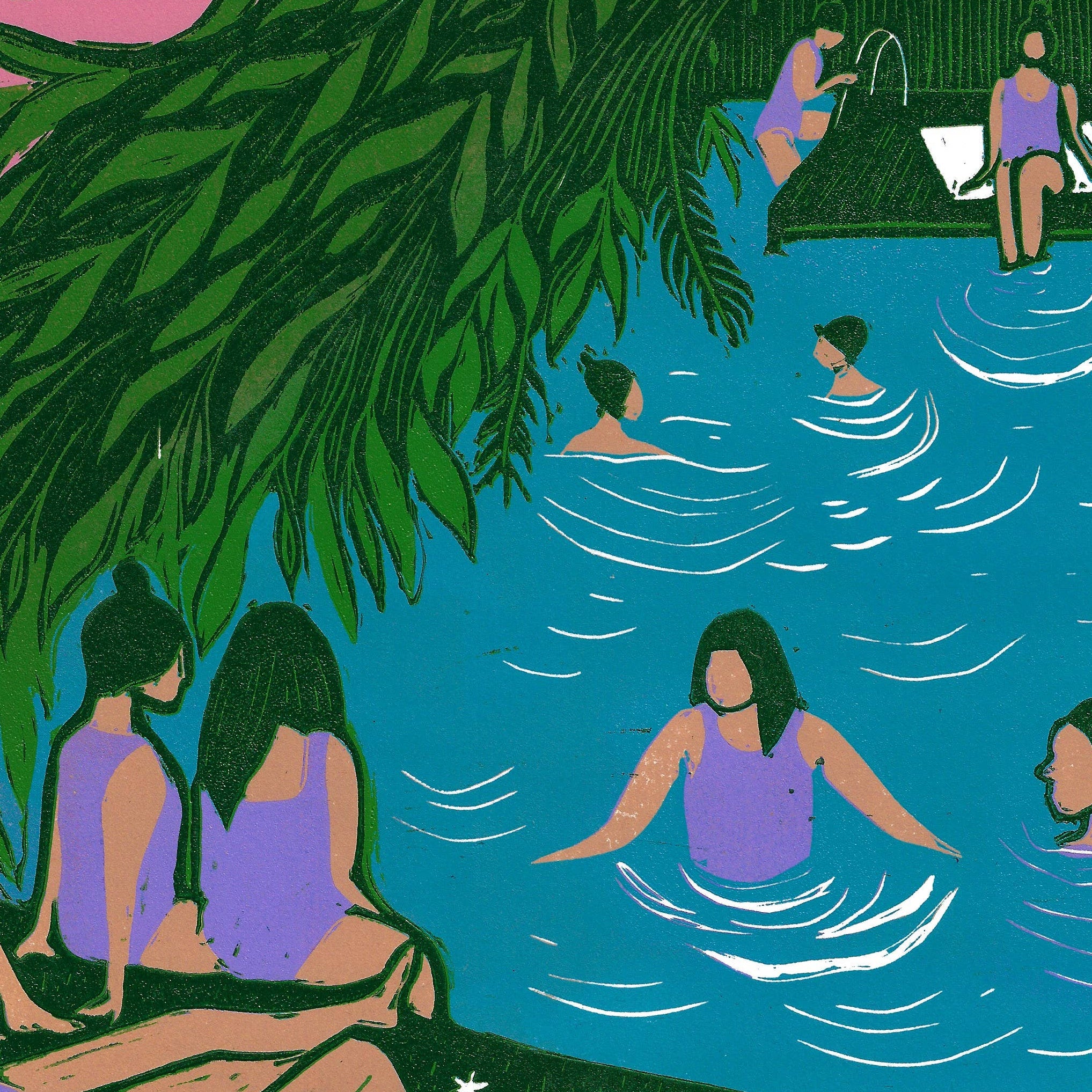 Illustration of people relaxing by a pool with greenery and pink sky.