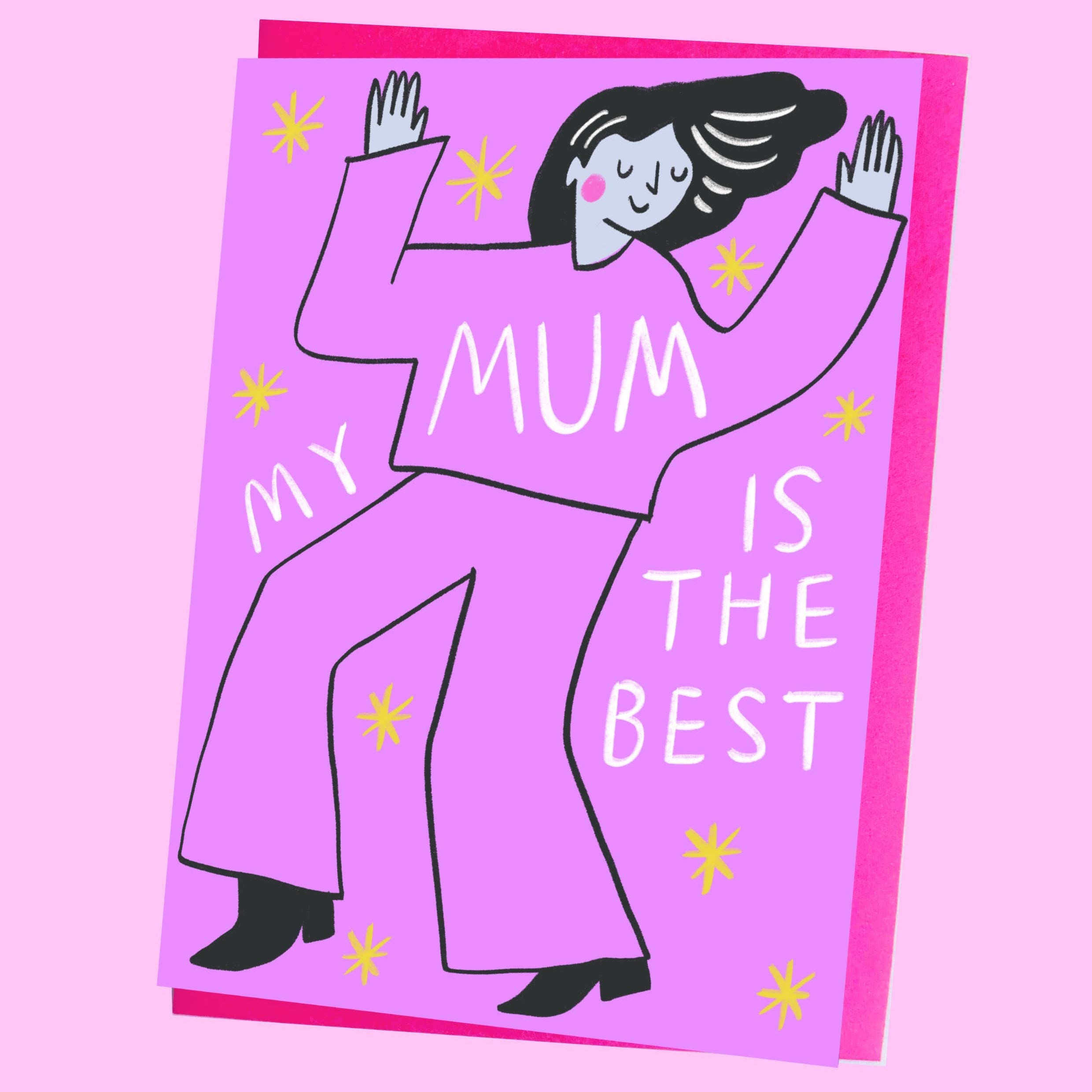Card with illustration of a person and text 'My Mum is the Best' on a pink background