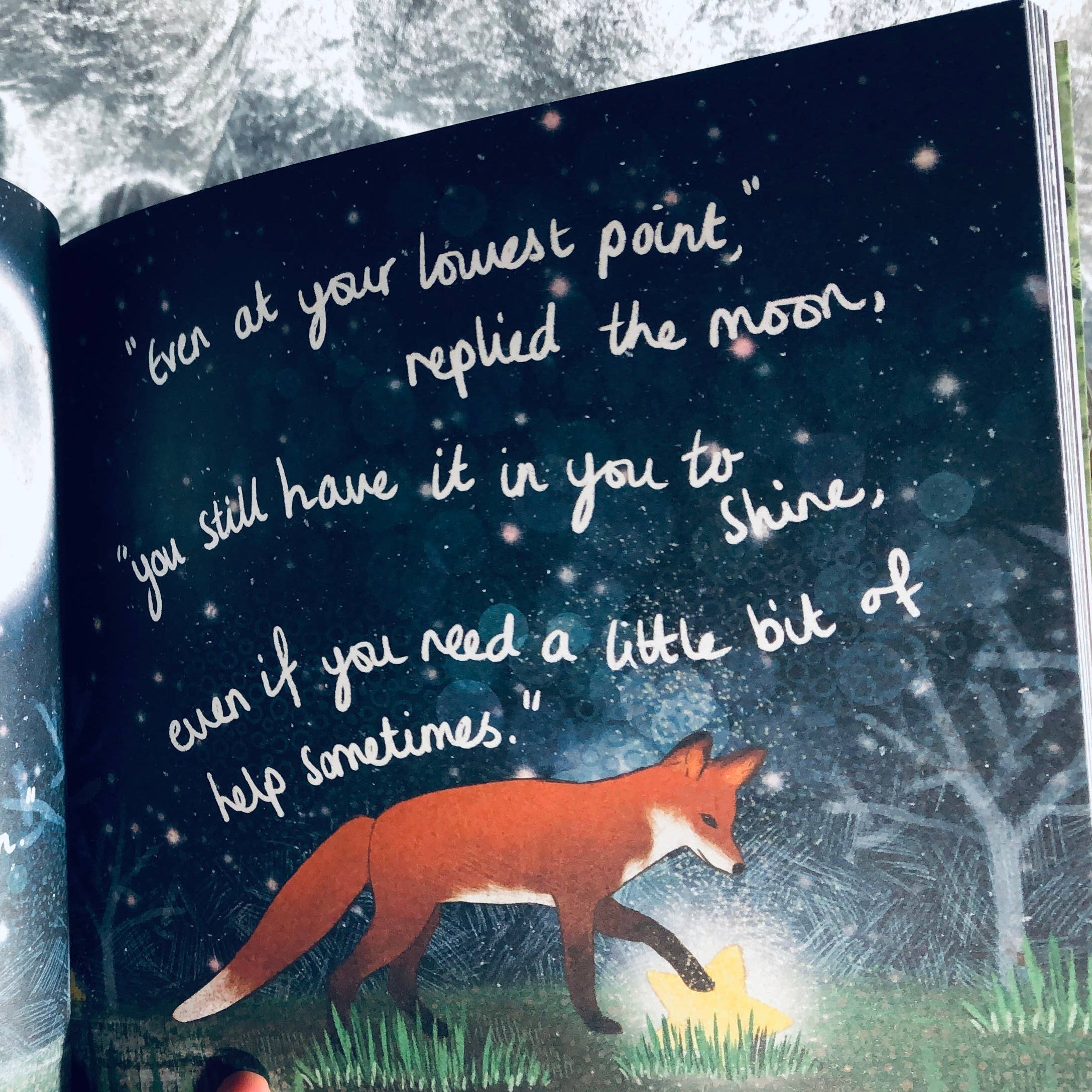 Open book with a fox illustration and moonlit night scene, held by a hand.