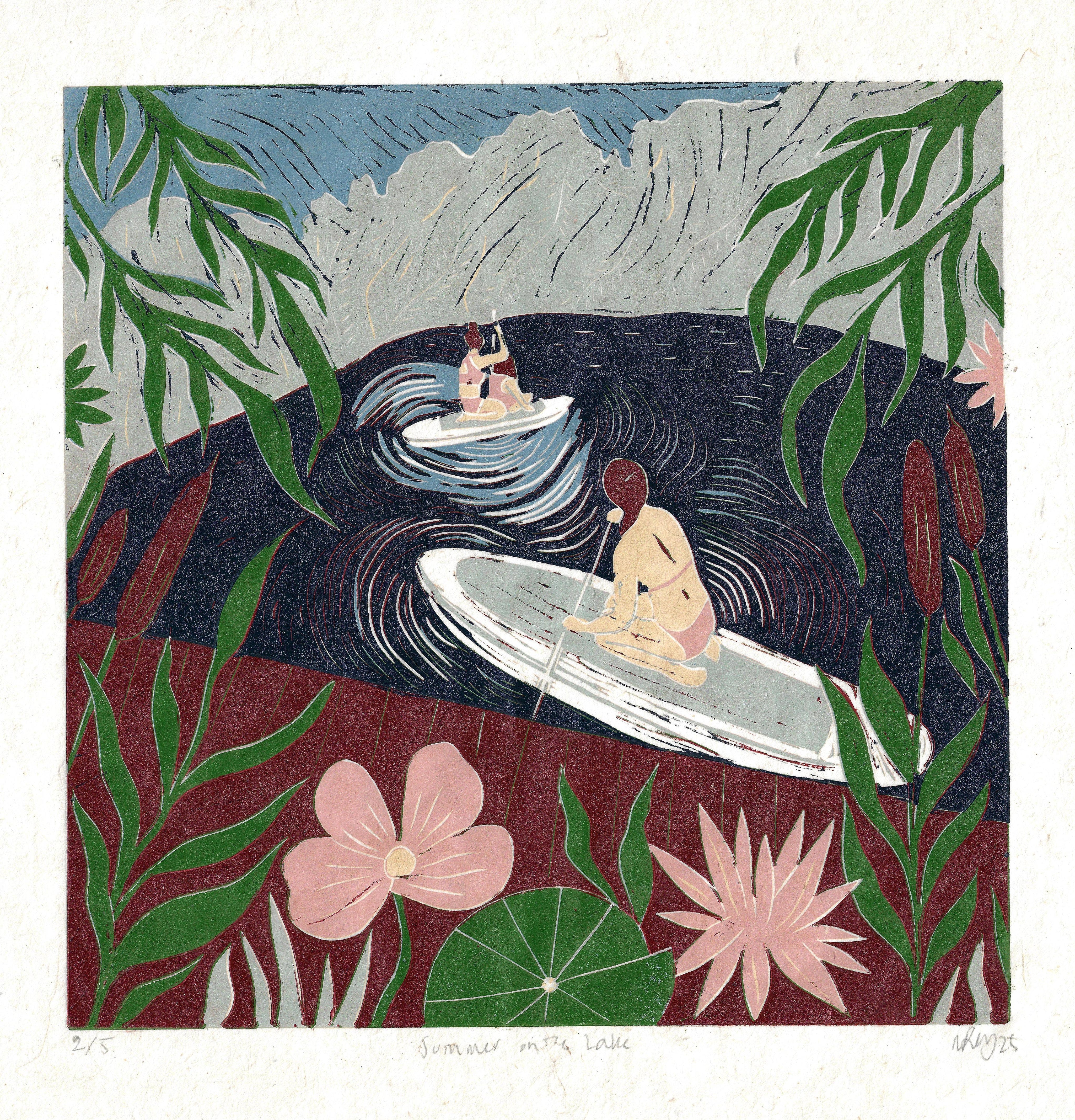Paddle board greeting card, women in nature, botanical