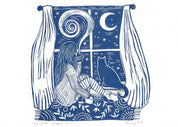 Cosy home Art Print- Woman in Winter with Cat & Moon