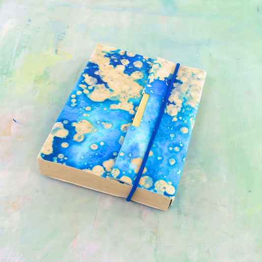Artist handmade journal, batik splash blue