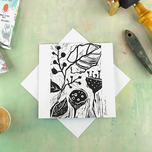 Linocut hand printed art card with envelope, botanical