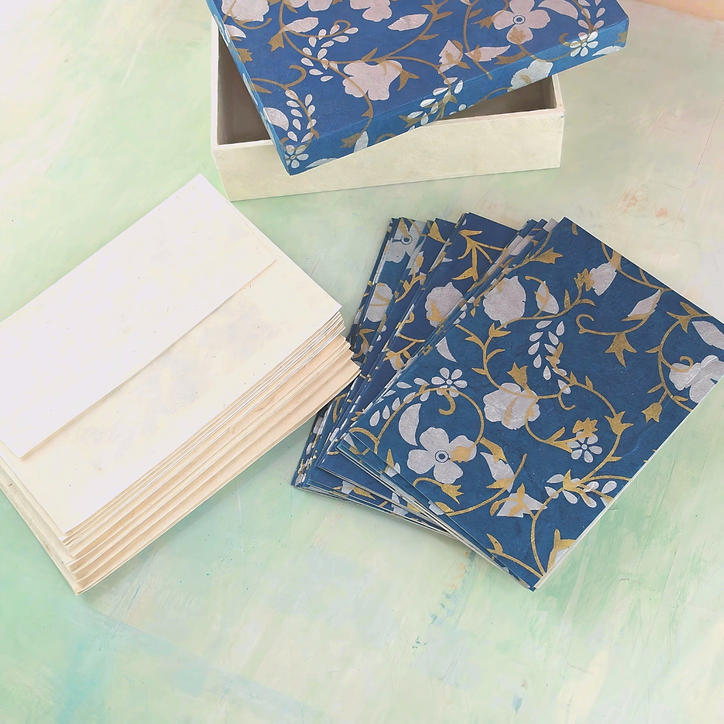 Handmade card set in box, blue pansy