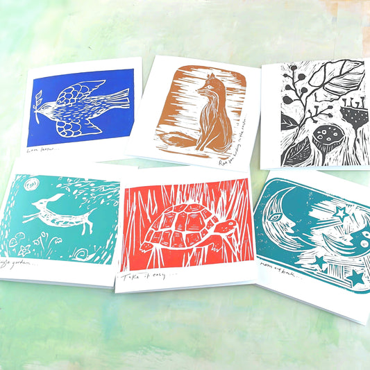 Set of 6 linocut hand printed art cards with envelopes