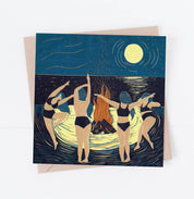 Bonfire Night card, beach, moon, dance, women, friends, fire