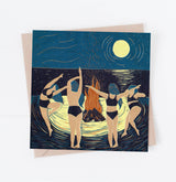 Bonfire Night card, beach, moon, dance, women, friends, fire