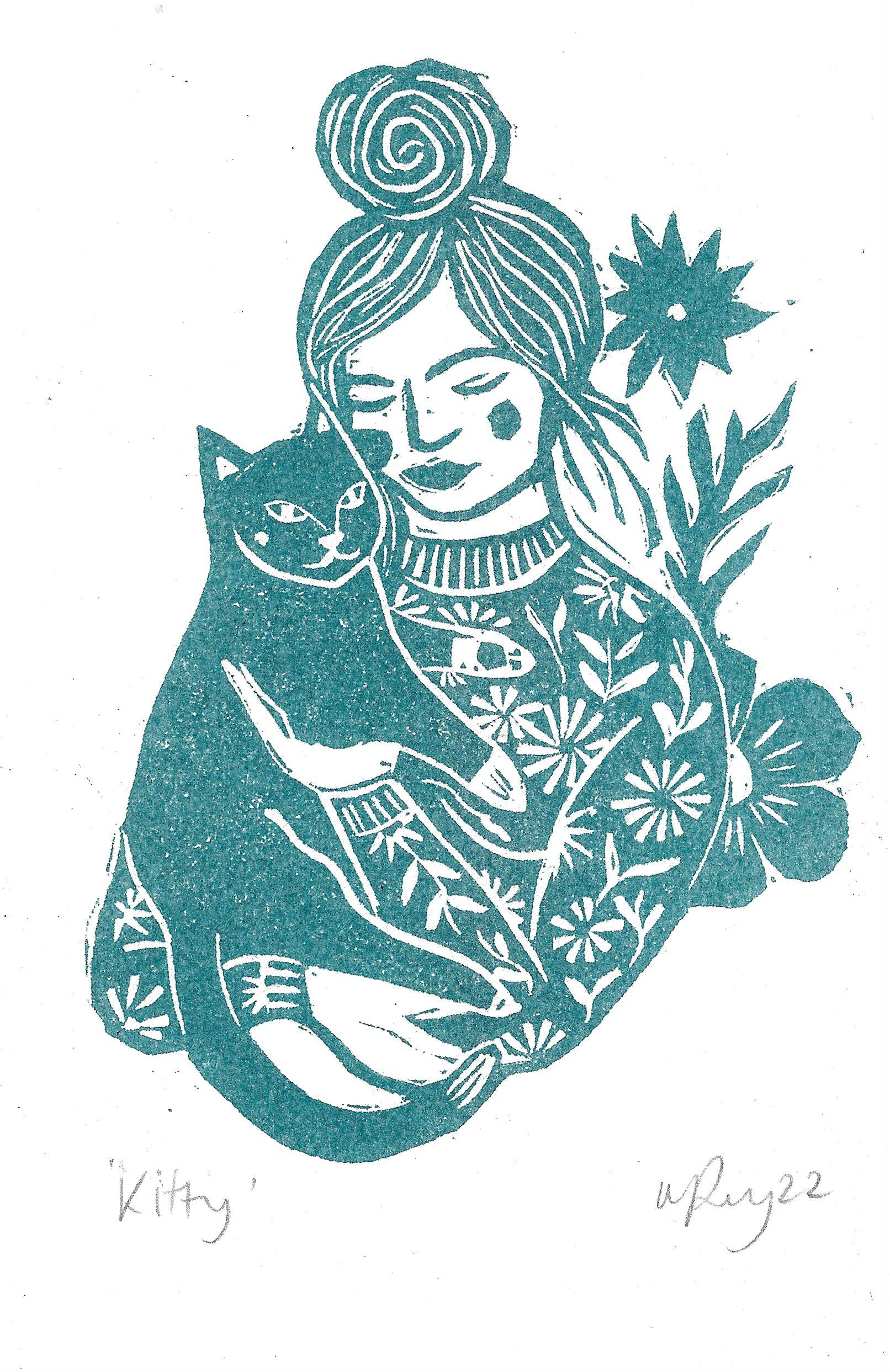 Kitty riso print, woman and cat