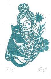 Kitty riso print, woman and cat