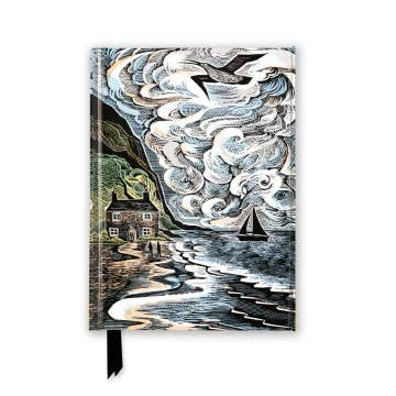 A hardcover notebook featuring a detailed, high-contrast illustration of a coastal landscape with swirling waves, a small sailboat, and a house on the shore. The notebook has a black ribbon bookmark hanging from the bottom.