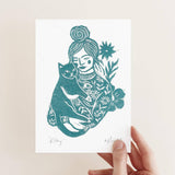 Kitty riso print, woman and cat