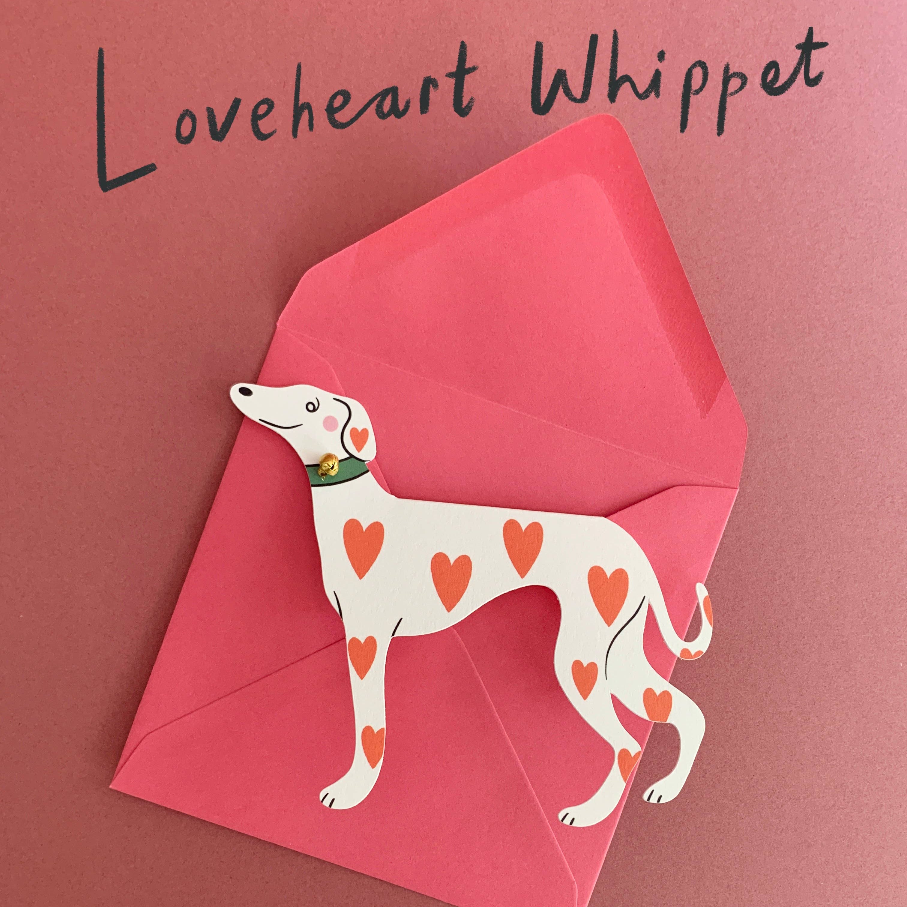 Illustration of a loveheart whippet with hearts on a pink envelope against a red background.
