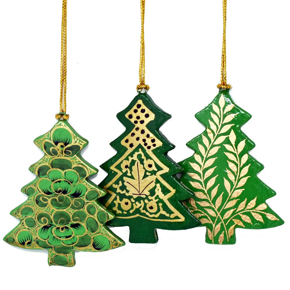Set of 3 Hand-Painted Wooden Christmas Tree Decoration