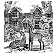A book or art print spread showing a black-and-white detailed illustration of a cottage and deer on the right, with a smaller circular preview on the left labeled 'Cottage and Deer (detail)'.