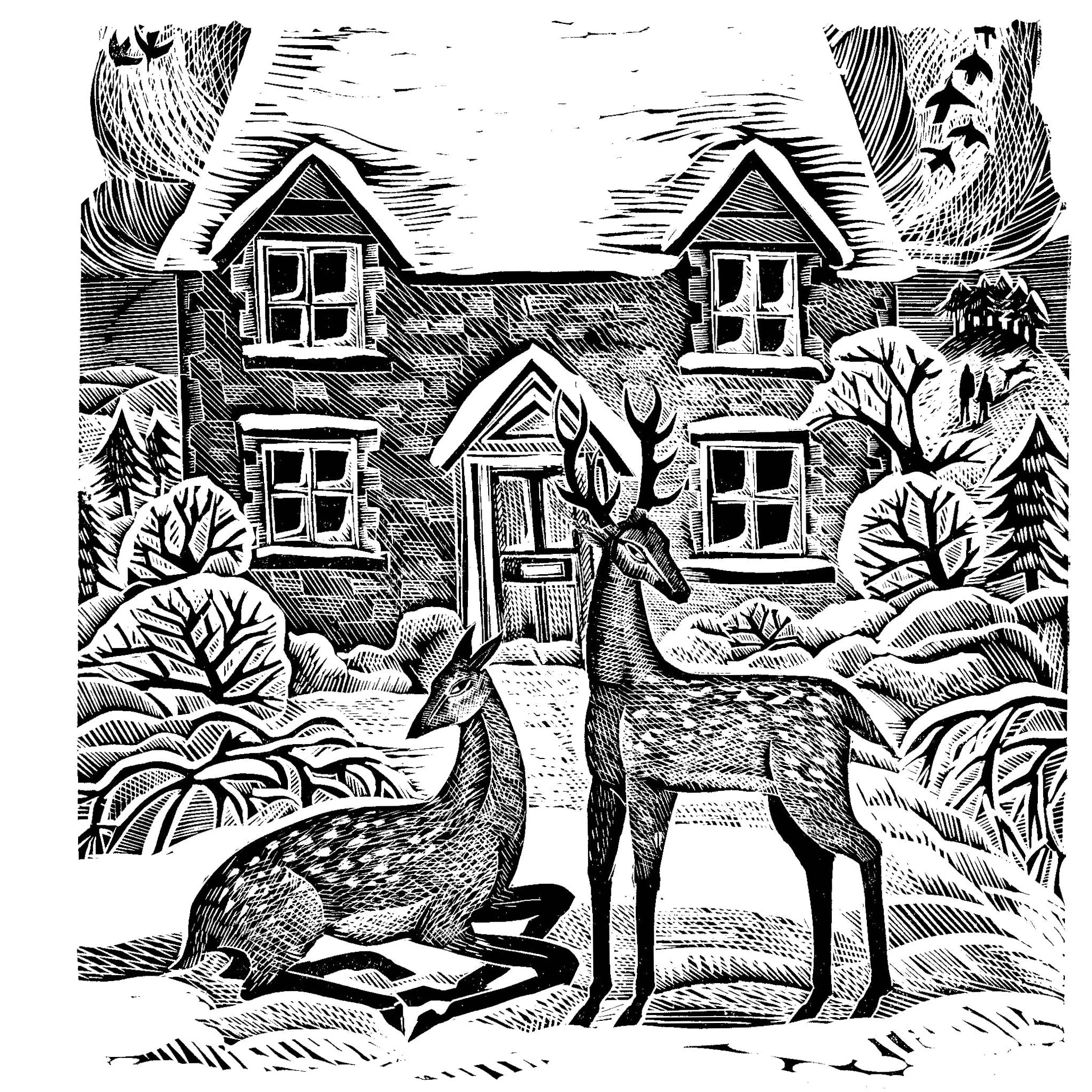 A book or art print spread showing a black-and-white detailed illustration of a cottage and deer on the right, with a smaller circular preview on the left labeled 'Cottage and Deer (detail)'.