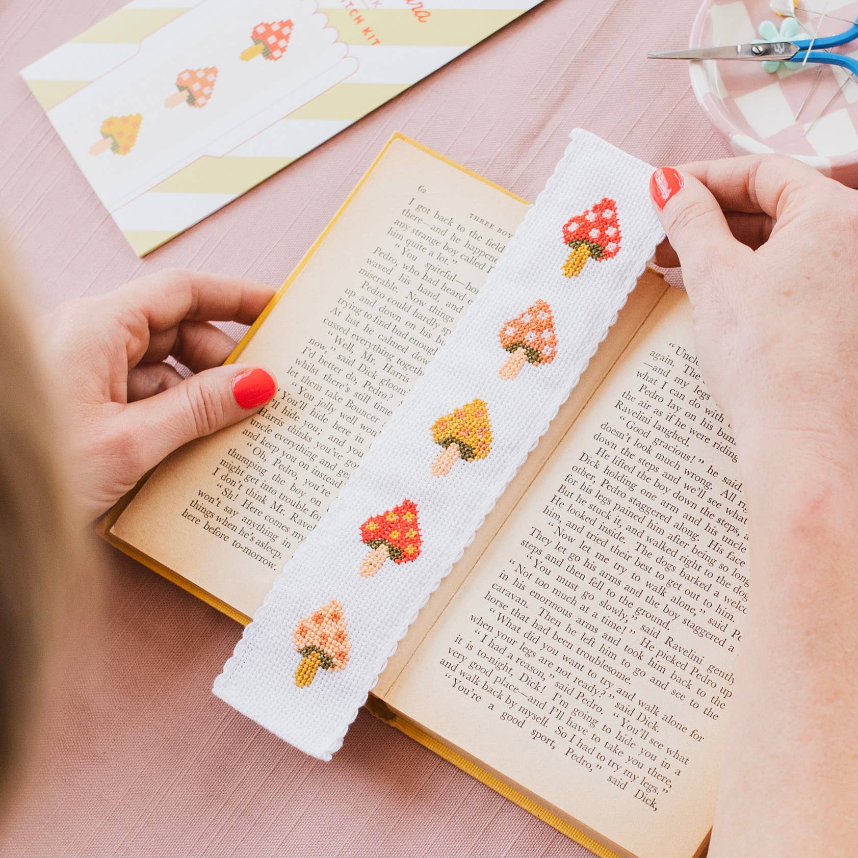 Toadstool cross-stitch bookmark kit