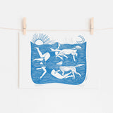Paddlers riso print, dog art, swimming, doggy paddle, woman