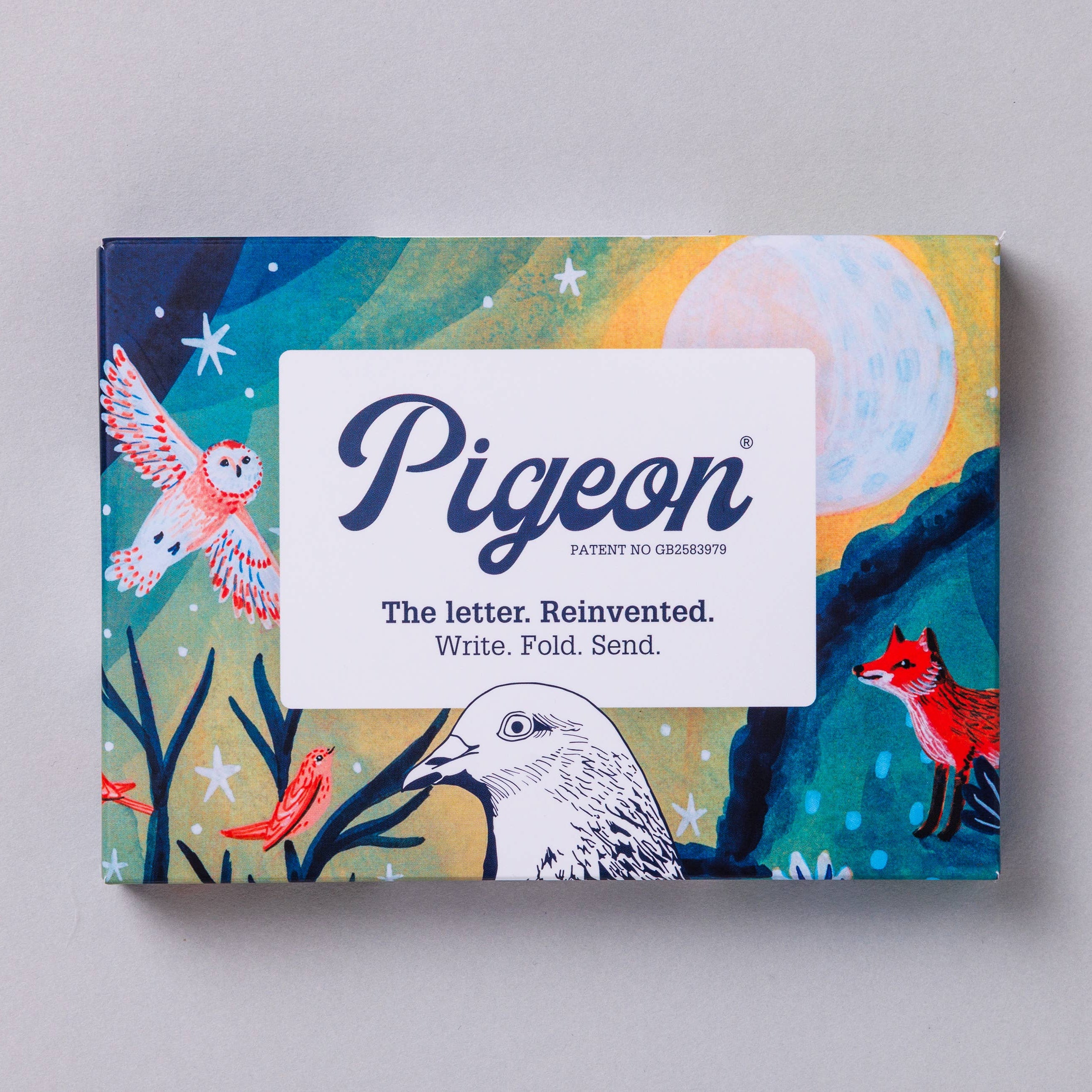 Pigeon letter set packaging with colorful design and 'Pigeon' branding on a gray background