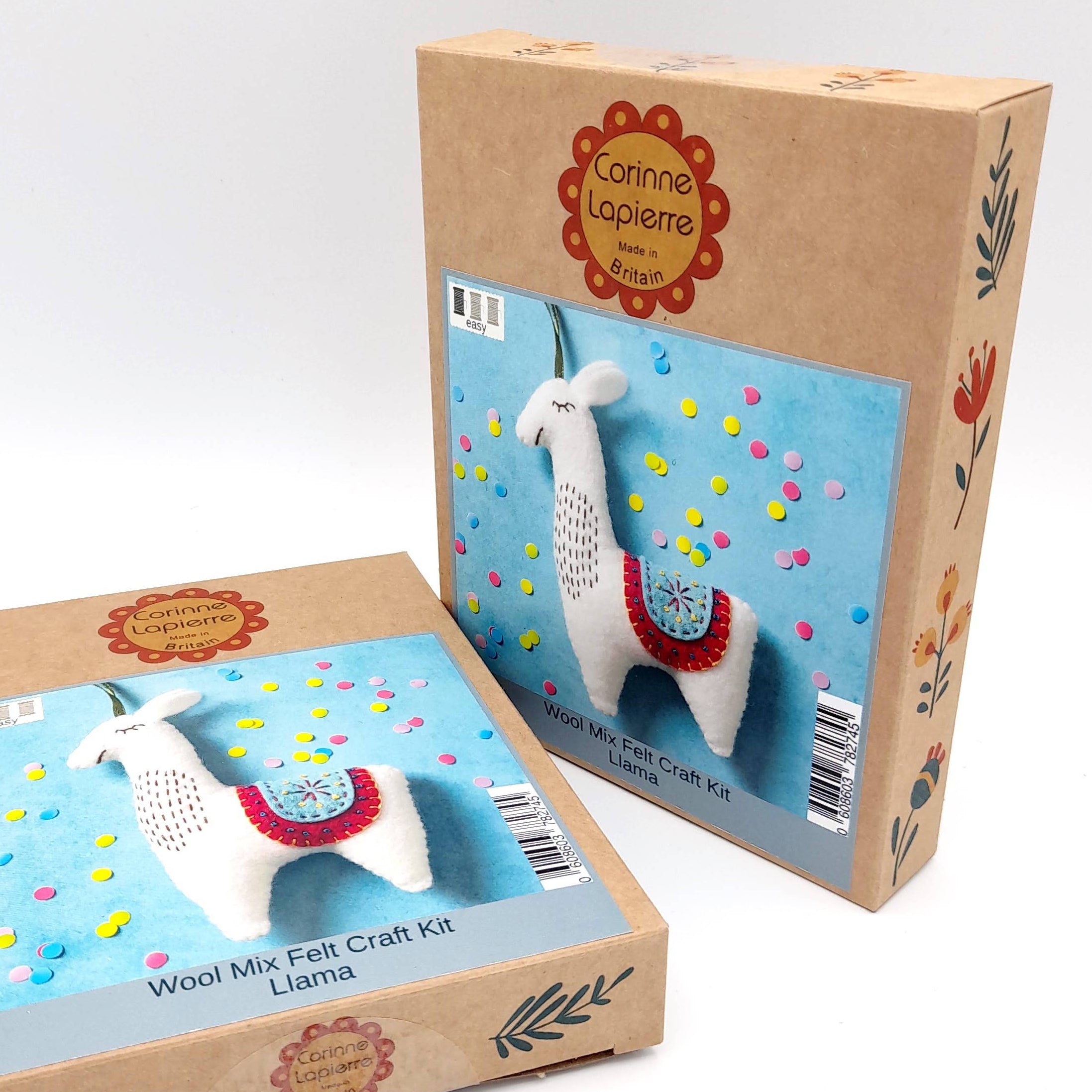 Two cardboard boxes with a wool mix felt craft kit for making a llama, featuring Carina's Lopierra branding.