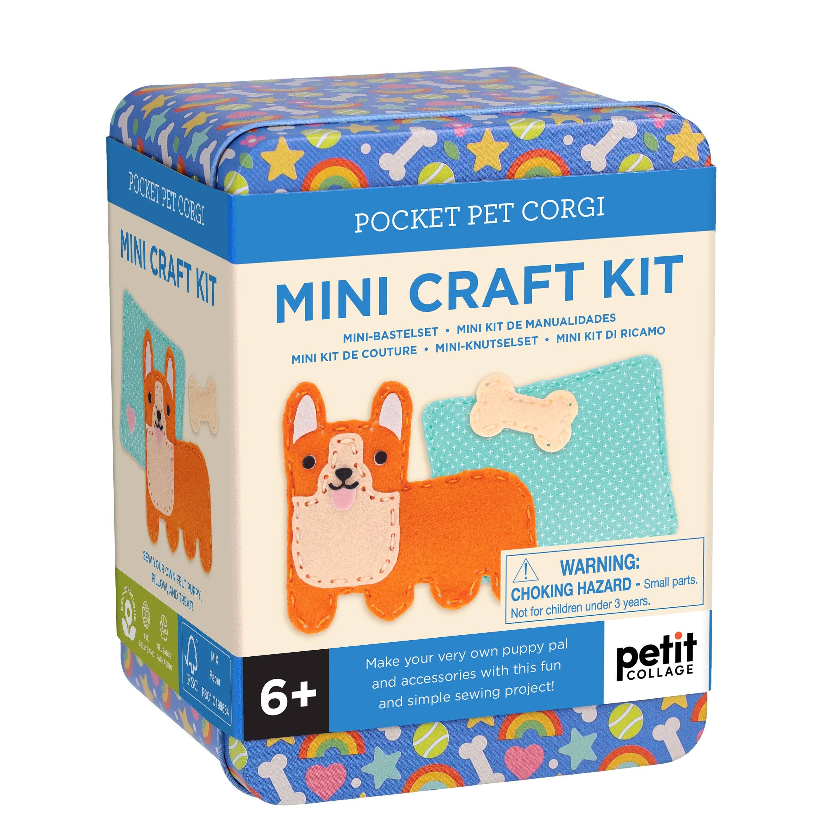 Mini craft kit packaging with a dog illustration on a white background