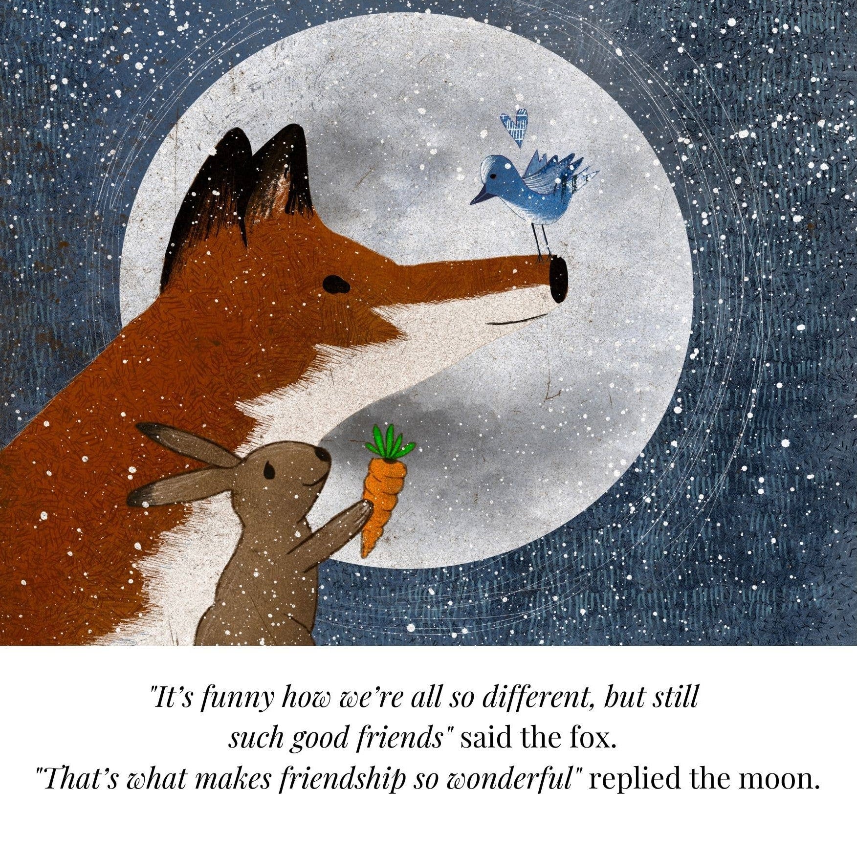 Illustration of a fox and a rabbit with a carrot under a moonlit sky, featuring a quote about friendship.