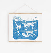Prints by the Bay Paddlers riso print, dog art, swimming, doggy paddle, woman