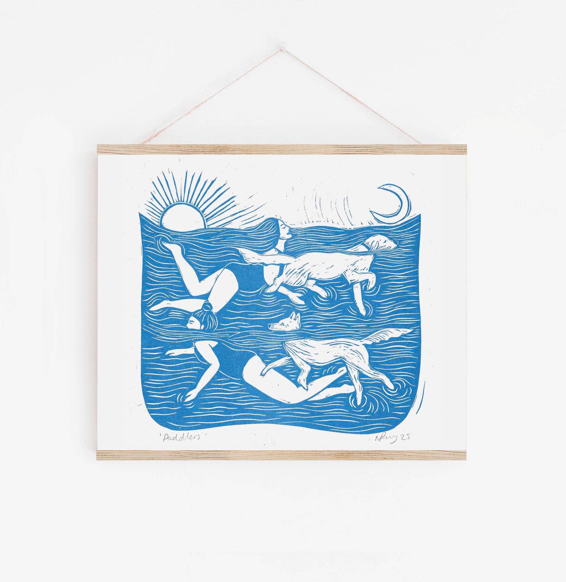 Prints by the Bay Paddlers riso print, dog art, swimming, doggy paddle, woman