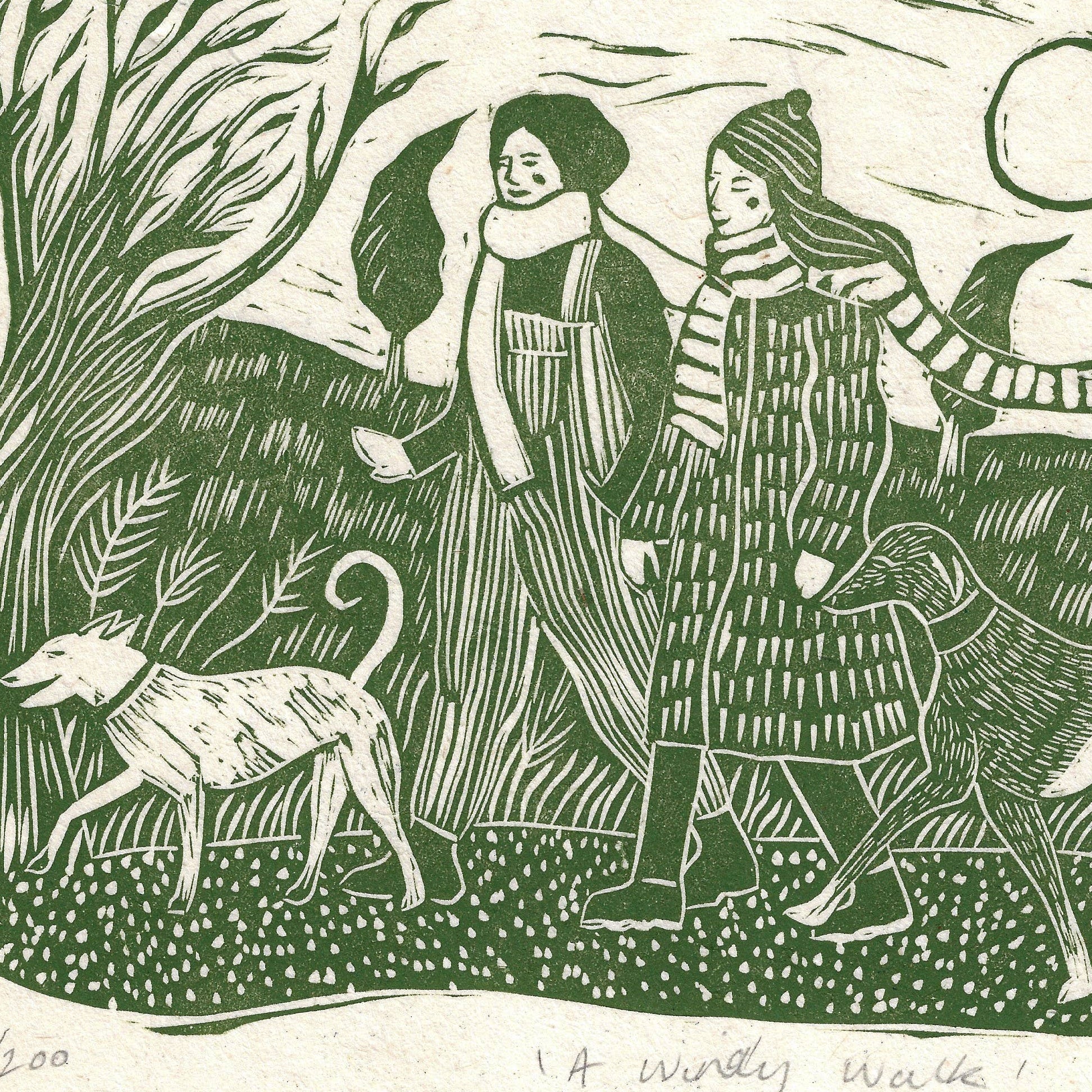 Woodcut-style illustration of two people walking with wolves in a forest setting.