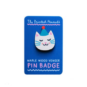 Party Cat Printed Wooden Pin Badge