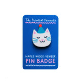 Party Cat Printed Wooden Pin Badge