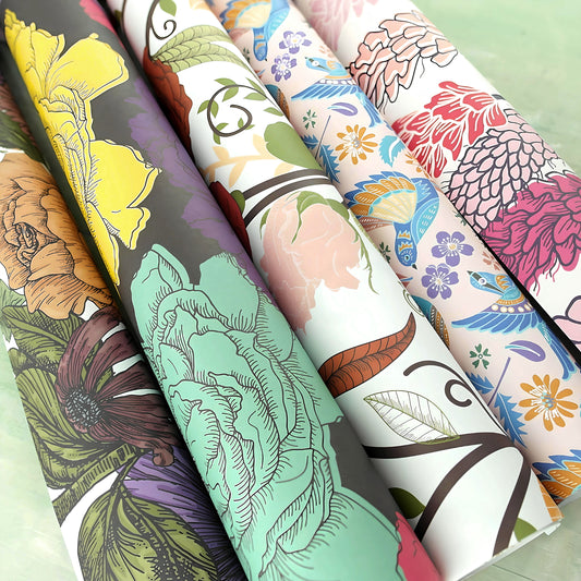 Pack of 5 mixed design 'floral modern'  gift wrap sheets with tags