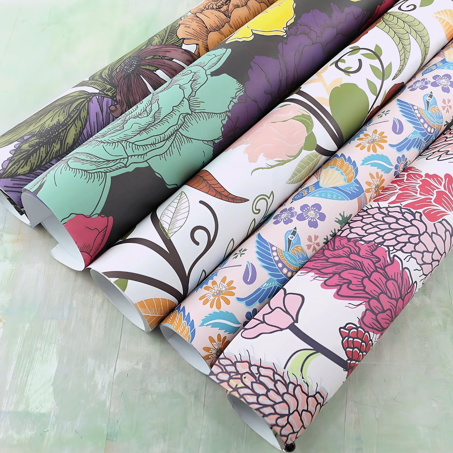 Pack of 5 mixed design 'floral modern'  gift wrap sheets with tags