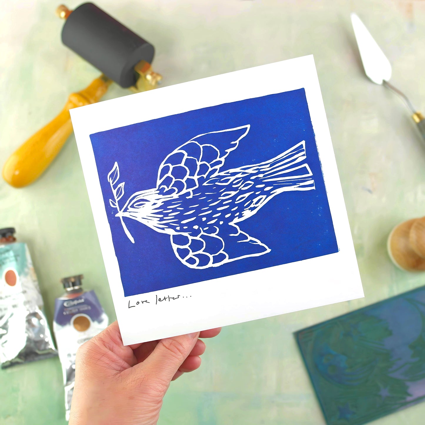 Linocut hand printed art card with envelope, dove