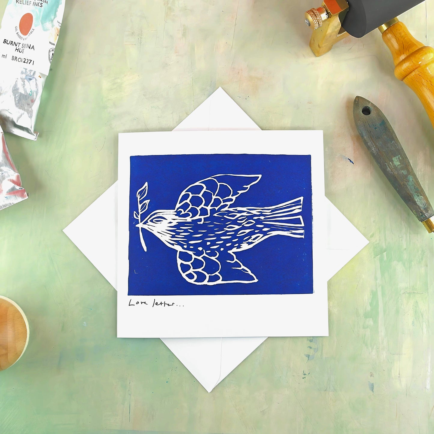 Set of 6 linocut hand printed art cards with envelopes