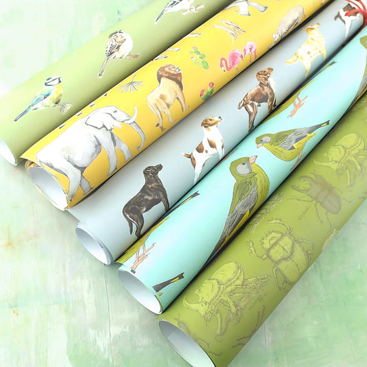 Pack of 5 mixed design 'animals & wildlife' gift wrap sheets with tags