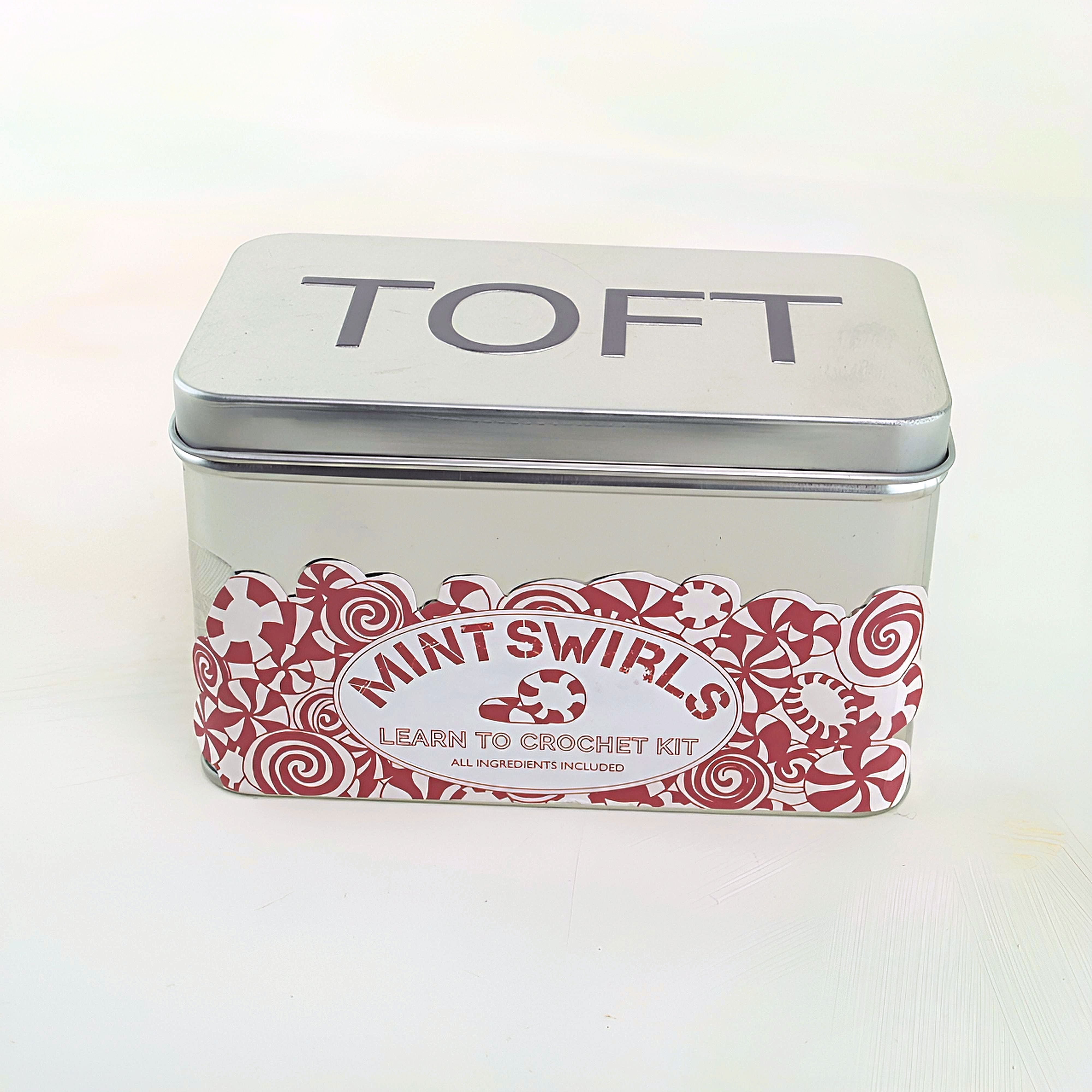 Peppermint swirls in a tin, crochet kit