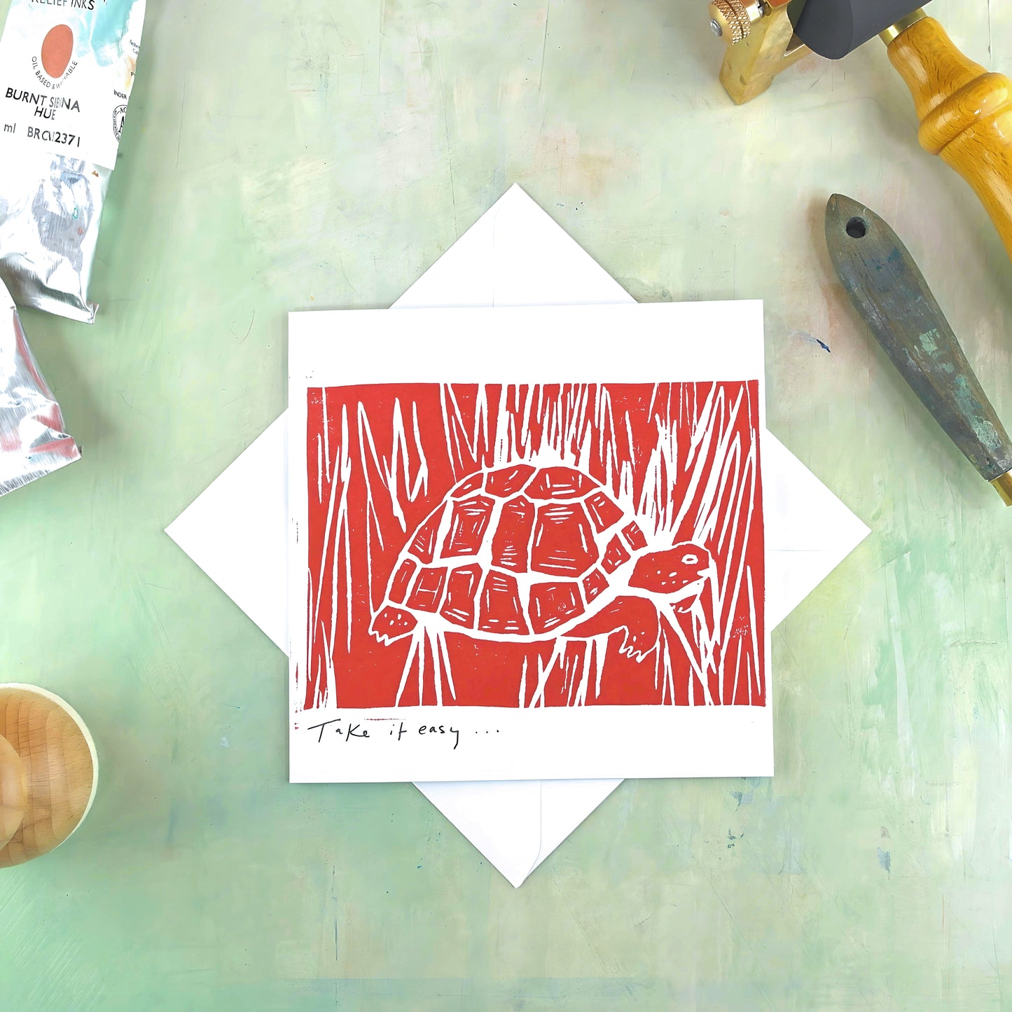 Linocut hand printed art card with envelope, tortoise