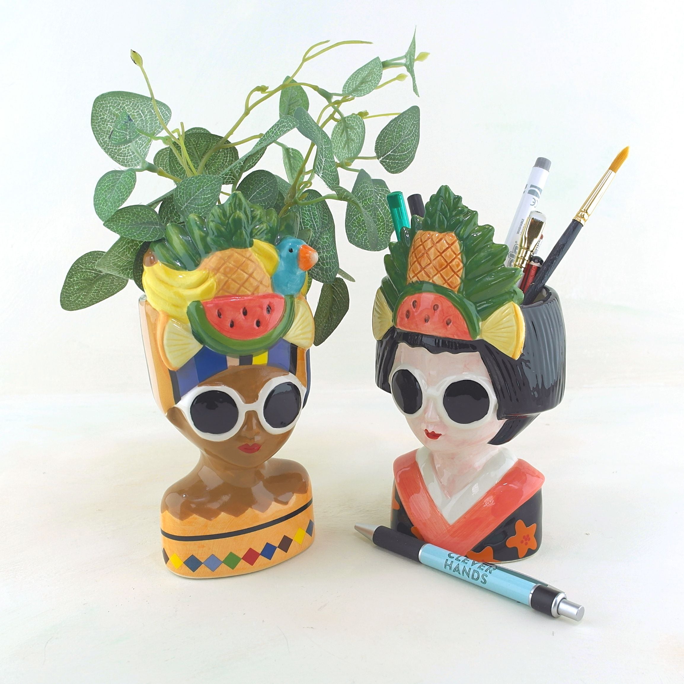 Fruity handpainted pot with bird