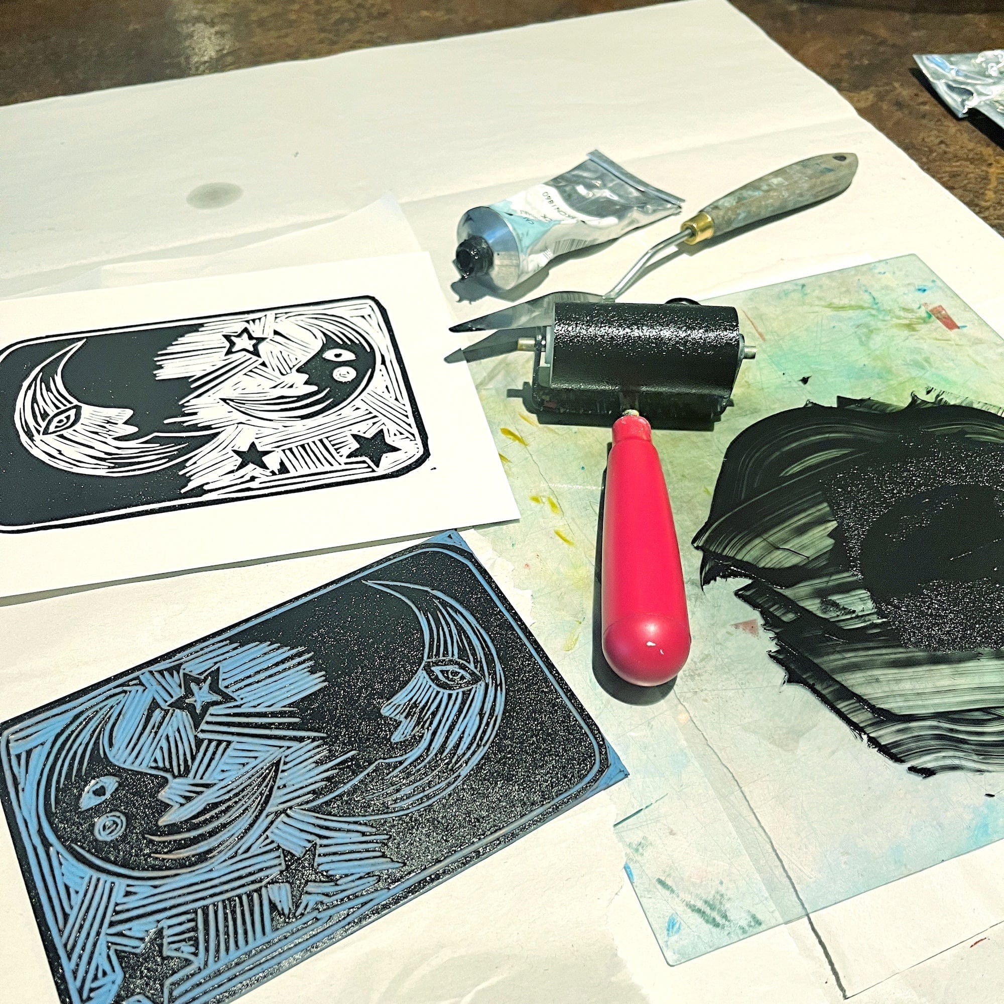 example of a design which is included as a template into teh kit, a pair of moons smiling printed in black ink