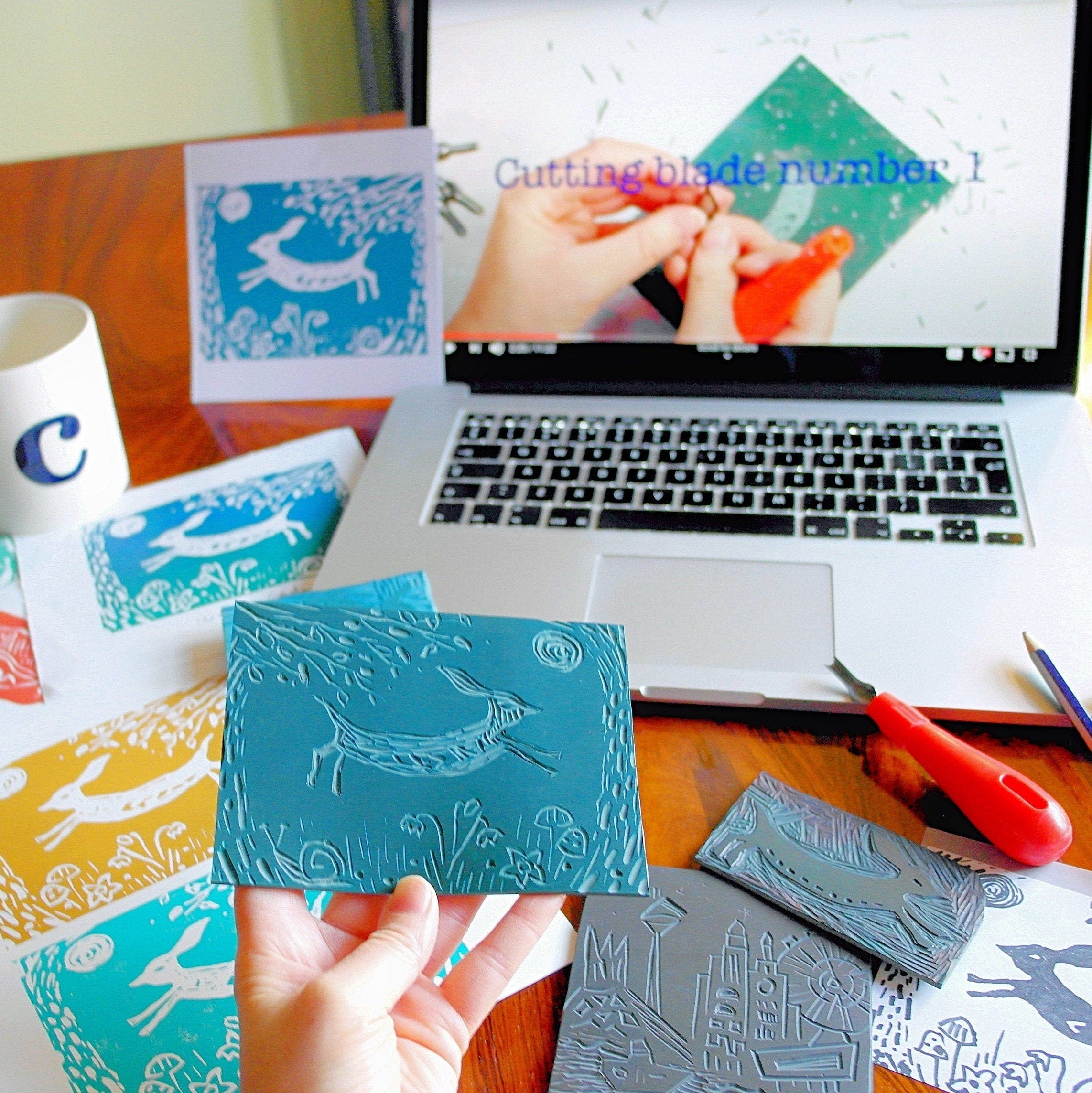 Linocut & print premium kit with 3 ink colours